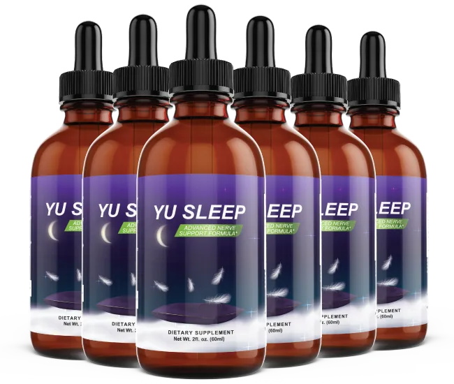 YuSleep liquid sleep aid — amber dropper bottles with the purple 'YU SLEEP / Sleep Support' label, 2 fl oz (60 ml)