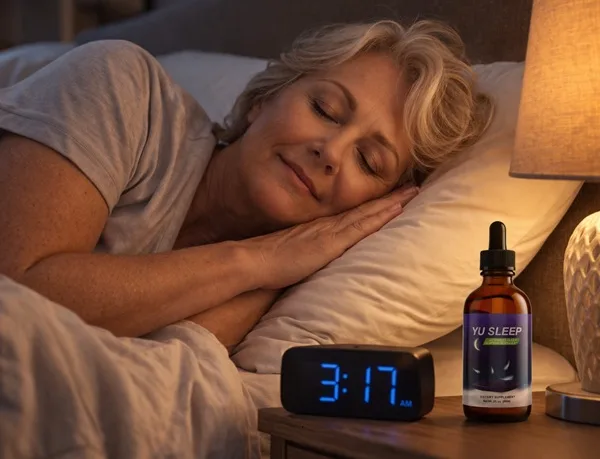 A bedside clock reading 3:17 a.m. next to a single YuSleep bottle on a nightstand